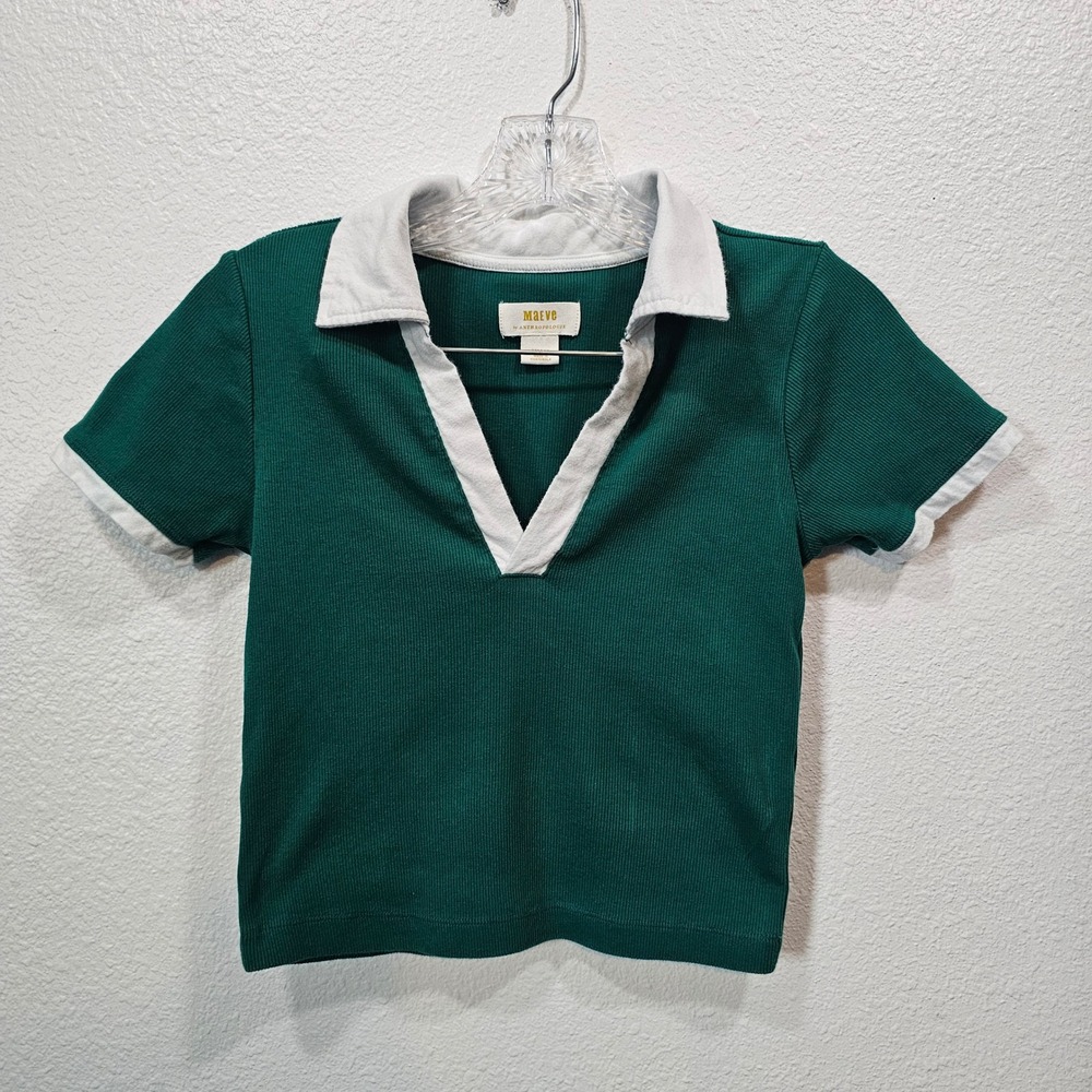 Maeve Anthropologie Green Ribbed Knit V-Neck Polo Shirt Short Sleeve Small